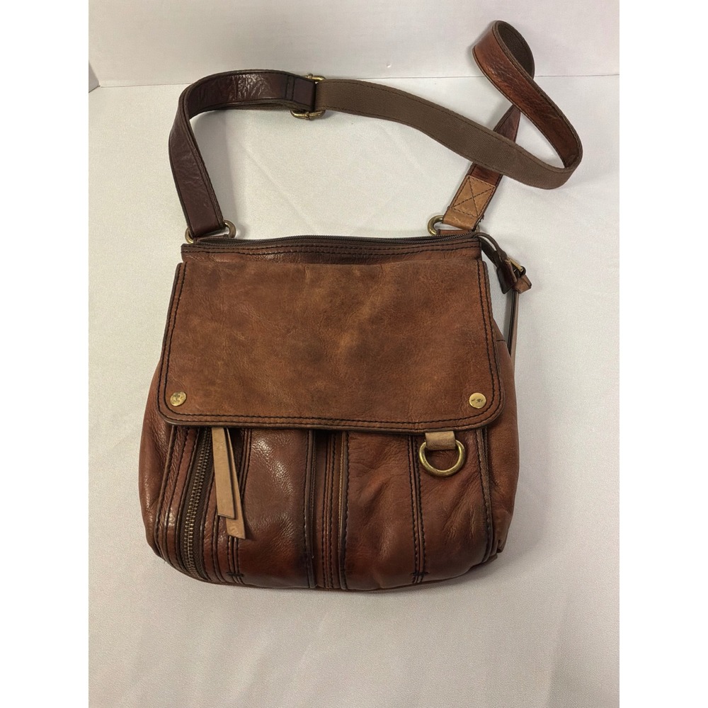 🟠 Fossil Brown Leather Crossbody Bag Vintage Messenger Flap Multi Pocket Brown‎